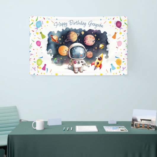 Outerspace Astronaut Planeten Gelukkige Verjaardag Spandoek (Beurs)