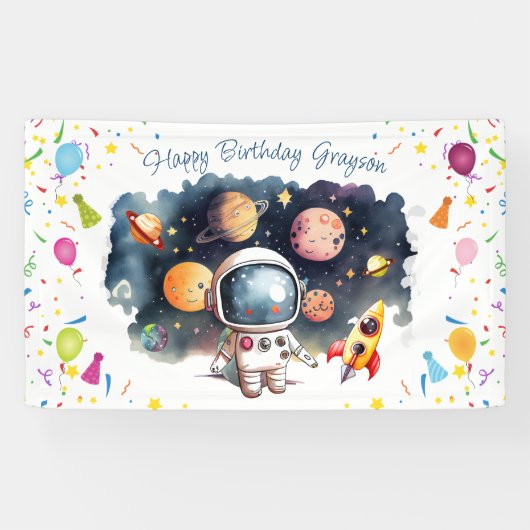 Outerspace Astronaut Planeten Gelukkige Verjaardag Spandoek (Horizontaal)