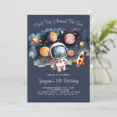 Outerspace Planets Blauw 8e verjaardag Uitnodiging (Staand voorkant)