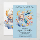 Outerspace Planets Blauw Eerste Verjaardag Kaart (Voorkant / Achterkant)