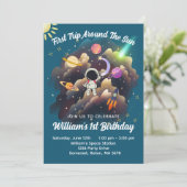 Outerspace Planets Blauw Eerste Verjaardag Uitnodi Kaart (Staand voorkant)