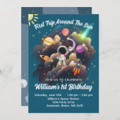 Outerspace Planets Blauw Eerste Verjaardag Uitnodi Kaart (Voorkant / Achterkant)