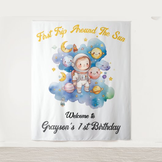 Outerspace Planets Blauw Eerste Verjaardag Wandkleed (Voorkant)