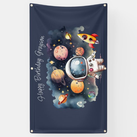 Outerspace Planets Blauw Gelukkige Verjaardag Spandoek (Verticaal)
