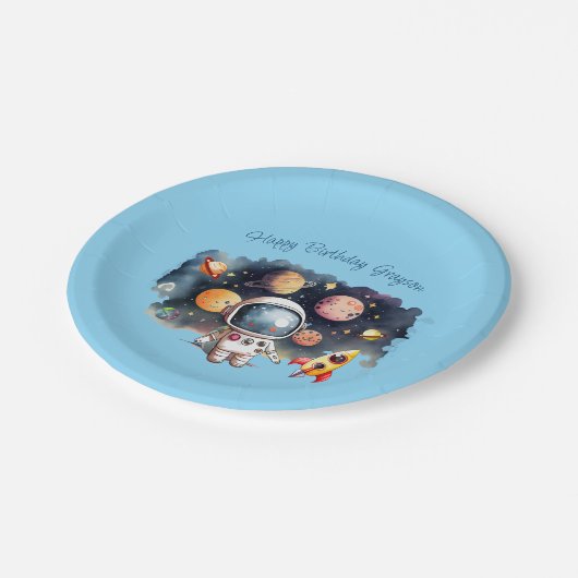 Outerspace Planets Blauwe Verjaardag Papieren Bordje (Gekanteld)