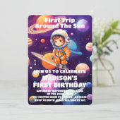 Outerspace Planets Blue Boy Eerste Verjaardag Kaart (Staand voorkant)