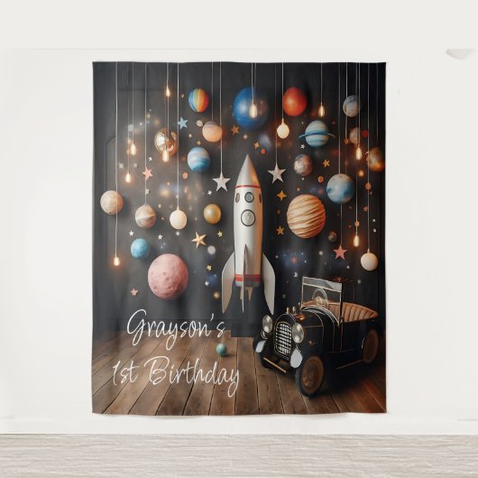 Outerspace Planets eerste verjaardag selfie statio Wandkleed (Voorkant)