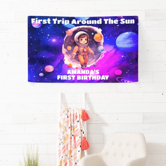 Outerspace Planets Roze Meisje eerste verjaardag Spandoek (Insitu)