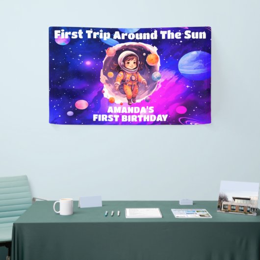 Outerspace Planets Roze Meisje eerste verjaardag Spandoek (Beurs)