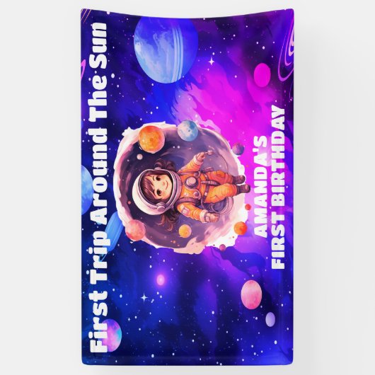 Outerspace Planets Roze Meisje eerste verjaardag Spandoek (Verticaal)