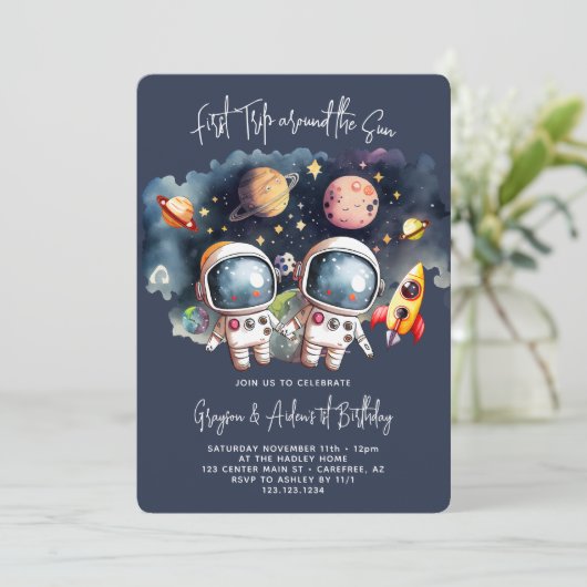 Outerspace Planets Twin Boys 1e verjaardag Kaart (Staand voorkant)