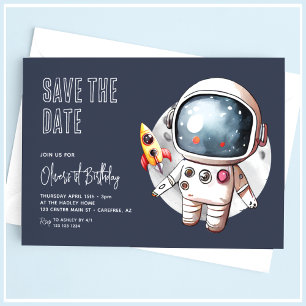 Outerspace Save the Date Blauw 1e Verjaardag Kaart