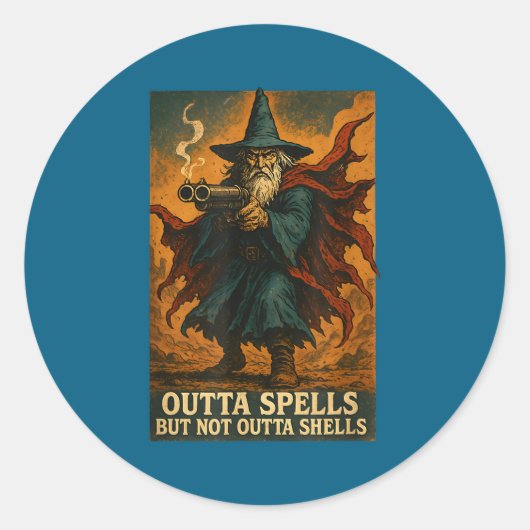 Outta Spells But Not Outta Shells Wizard Fantasy M Ronde Sticker (Voorkant)