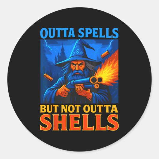 Outta Spells But Not Outta Shells Wizard Fantasy M Ronde Sticker (Voorkant)