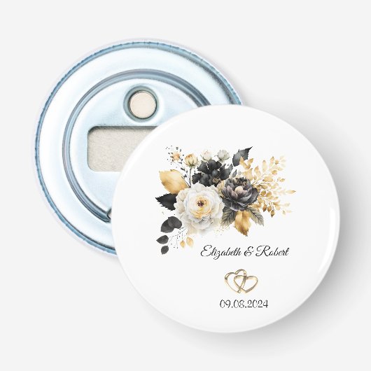 Ouvre-bouteille de mariage Fleurs Noir Blanc Or (Devant)