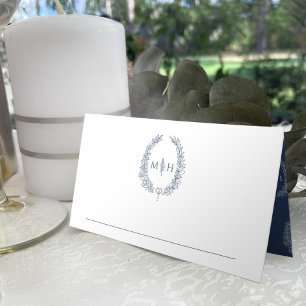 Ovaal blad monogram blauw wit bruiloft