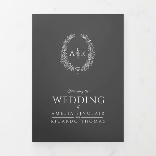 Ovaal monogram bruiloft RSVP grijs wit Drieluik Uitnodiging (Cover)