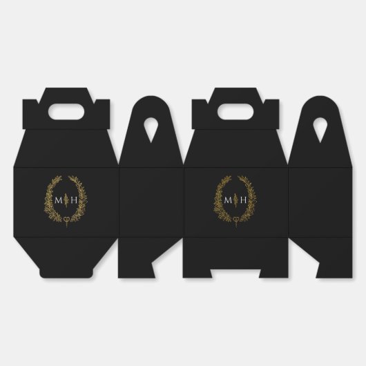 Ovale bladeren monogram zwart wit goud bruiloft bedankdoosjes (Ongevouwen)