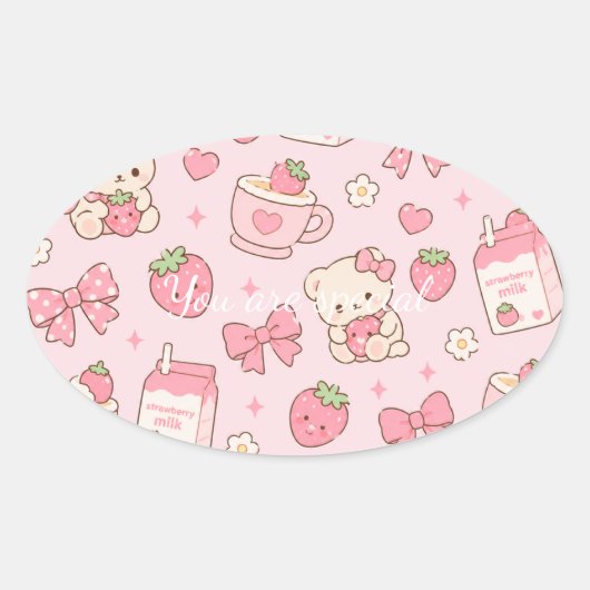 Ovale Cute Kawaii Teddy Bear Strawberry Pattern Sticker (Devant)