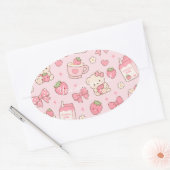 Ovale Cute Kawaii Teddy Bear Strawberry Pattern Sticker (Enveloppe)