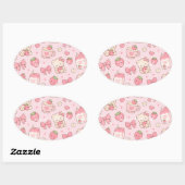 Ovale Cute Kawaii Teddy Bear Strawberry Pattern Sticker (Feuille)