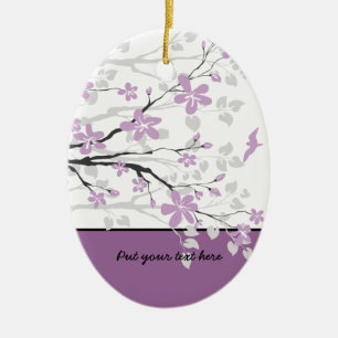 Ovale En Céramique Branche de Magnolia et fleurs pourpres ornement pe
