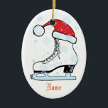 Ovale En Céramique Ornement de patinage sur glace<br><div class="desc">Patinage sur glace personnalisé portant un chapeau santa. Votre nom d'un côté et celui de l'autre.</div>