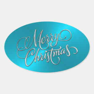 Ovale Joyeux Sticker Turquoise de Noël Revêtu