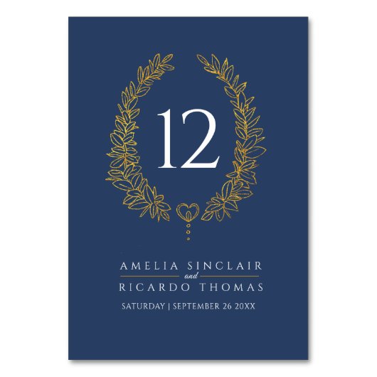 Ovale krans blad goud wit donkerblauw bruiloft kaart (Achterkant)