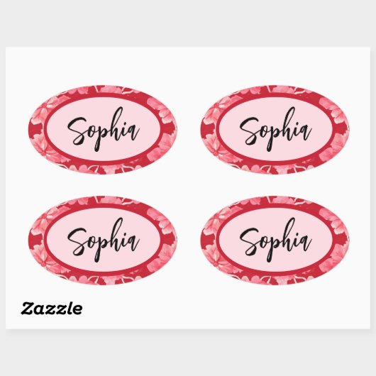 Ovale Name Sticker Personalized Pink Floral (Feuille)