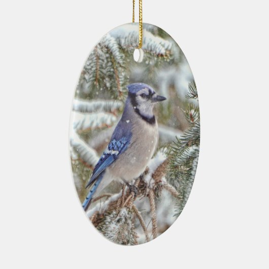 Ovale sierbloem met blauw Jay in sneeuw Keramisch Ornament (Rechts)