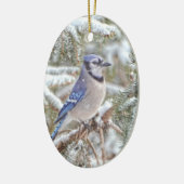 Ovale sierbloem met blauw Jay in sneeuw Keramisch Ornament (Links)