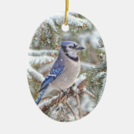Ovale sierbloem met blauw Jay in sneeuw Keramisch Ornament