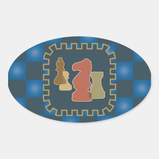 Ovale Sticker bleu pièces d'échecs (Devant)
