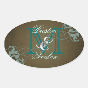 Ovale Sticker Brown Noble Turquoise Scroll Monogram
