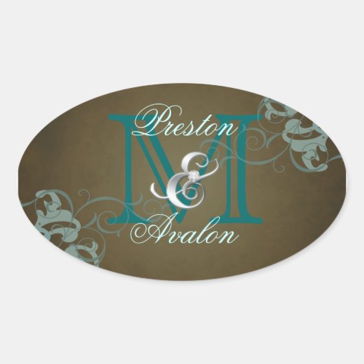 Ovale Sticker Brown Noble Turquoise Scroll Monogram (Devant)