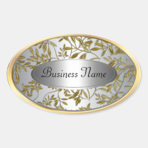 Ovale sticker label zwart zilver goud bloem