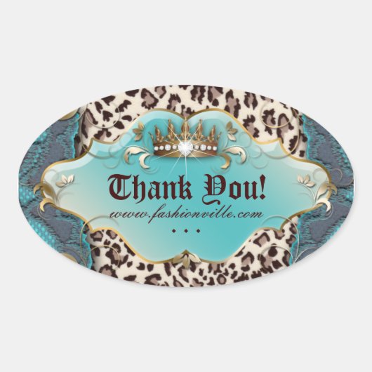 Ovale Sticker Leopard de mode Bijoux Couronne Turquoise (Devant)