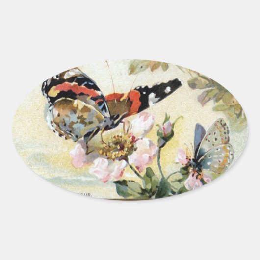 Ovale Sticker vintage à fleurs papillon de printemps (Devant)