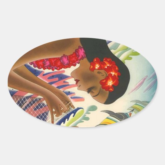 Ovale Sticker Vintage Tropical Hawaiian Islands Travel (Devant)