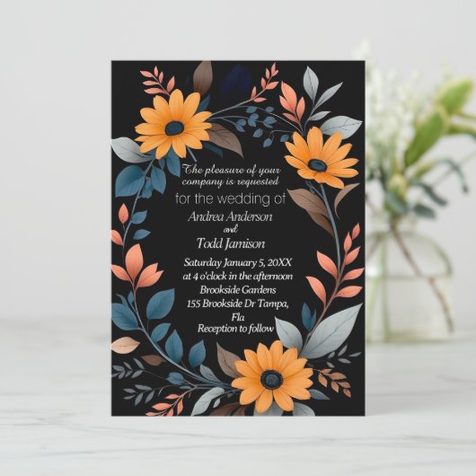 Ovale zonnebloemenkrans bruiloft kaart (Staand voorkant)