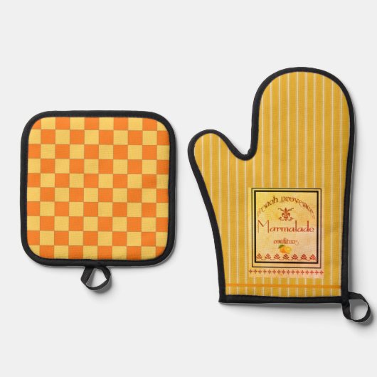 Oven Mitt and Pot Holder Orange Yellow Ovenwant & Pannenlap Set (Voorkant)