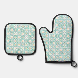 Oven Mitt and Pot Holders Teal & Gold Arabesque Ki Ovenwant & Pannenlap Set