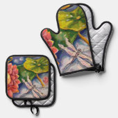 Oven Mitt en Pot Houders - Dragonfly & Waterlelie Ovenwant & Pannenlap Set (Voorkant / Achterkant)