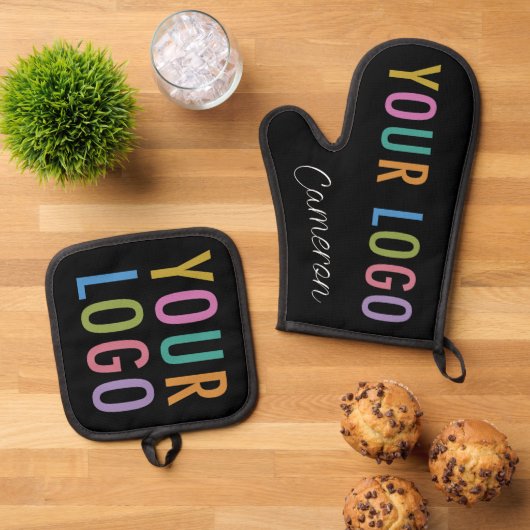 Oven Mitt Pot Holder Set Custom Gedrukt Logo Zwart (Top down)