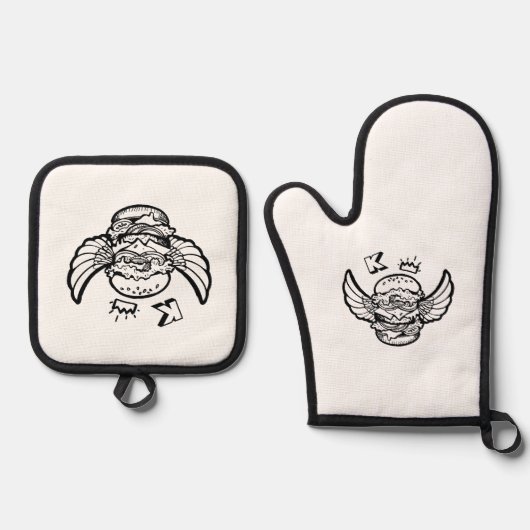 Oven Mitt & Pot Holder Set met een hamburger. (Voorkant)