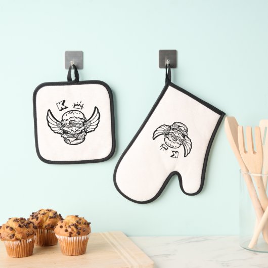 Oven Mitt & Pot Holder Set met een hamburger. (Insitu(Ophanging))