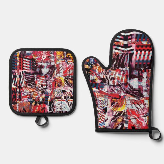 Oven Mitt & Pot Holders – Fragmented Pulse Ovenwant & Pannenlap Set (Voorkant)