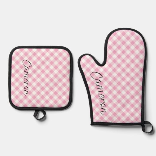 Oven Mitt Pot Houder Set Pink Gingham gepersonalis (Voorkant)