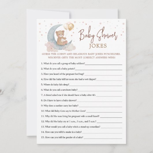 Over de Maan Baby shower Jokes Game Kaart (Voorkant)